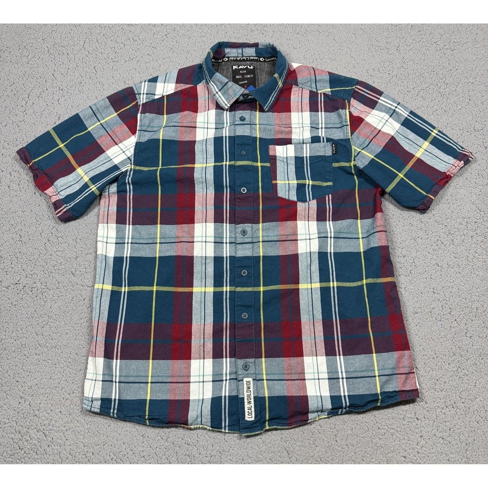 KAVU Shirt Mens Large Multicolor Plaid Short‎ Sleeve Button Up Casual Outdoor